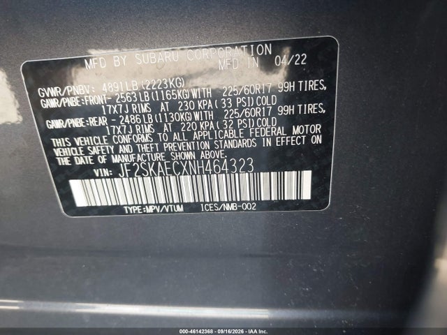 46142368 :رقم المزاد ، JF2SKAECXNH464323 vin ، 2022 Subaru Forester Premium مزاد بيع