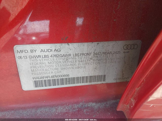 Продаж на аукціоні авто 2014 Audi A4 2.0t Premium, vin: WAUAFAFL6EN000666, номер лоту: 46142388