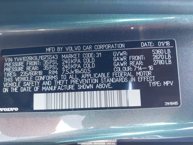 2018 Volvo Xc60 T5 Momentum მანქანა იყიდება აუქციონზე, vin: YV4102RK8J1075543, აუქციონის ნომერი: 46142390