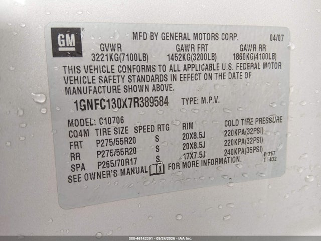Aukcja sprzedaży 2007 Chevrolet Tahoe Ltz, vin: 1GNFC130X7R389584, numer aukcji: 46142391