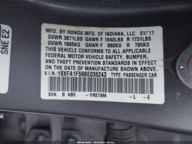 Aukcja sprzedaży 2011 Honda Civic Lx, vin: 19XFA1F59BE035243, numer aukcji: 46142403