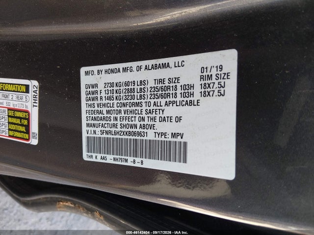 5FNRL6H2XKB069631 Honda ODYSSEY LX