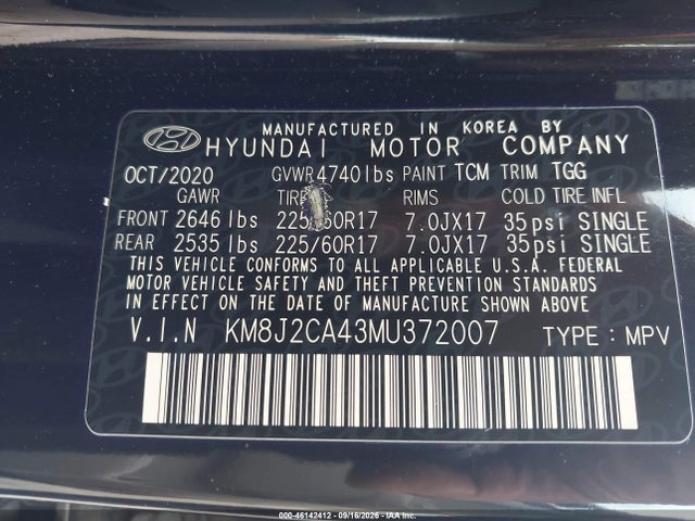 46142412 :رقم المزاد ، KM8J2CA43MU372007 vin ، 2021 Hyundai Tucson Se مزاد بيع