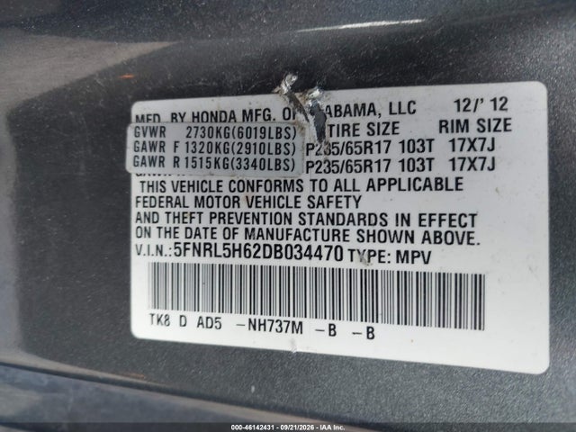 Продажа на аукционе авто 2013 Honda Odyssey Ex-l, vin: 5FNRL5H62DB034470, номер лота: 46142431