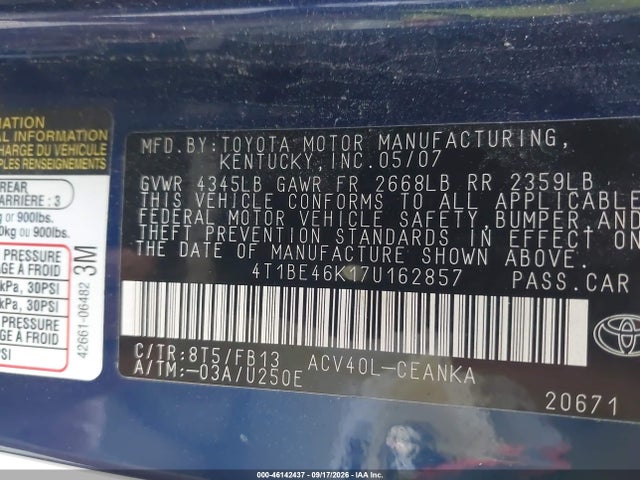 2007 Toyota Camry Ce მანქანა იყიდება აუქციონზე, vin: 4T1BE46K17U162857, აუქციონის ნომერი: 46142437