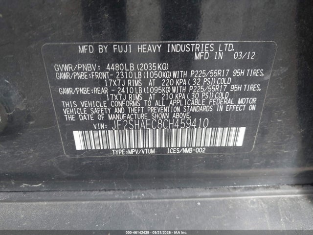 Auction sale of the 2012 Subaru Forester 2.5x Limited, vin: JF2SHAEC8CH459410, lot number: 46142439