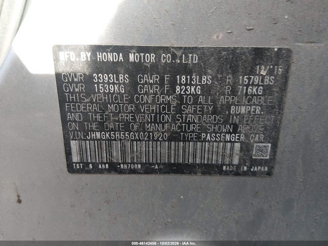 2016 Honda Fit Lx მანქანა იყიდება აუქციონზე, vin: JHMGK5H55GX021920, აუქციონის ნომერი: 46142456