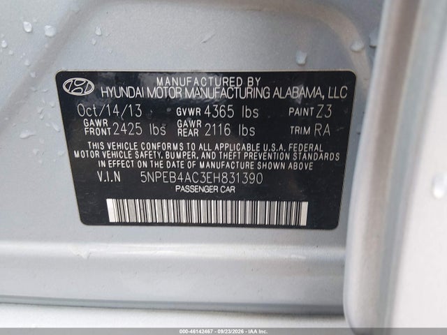 Продажа на аукционе авто 2014 Hyundai Sonata Gls, vin: 5NPEB4AC3EH831390, номер лота: 46142467