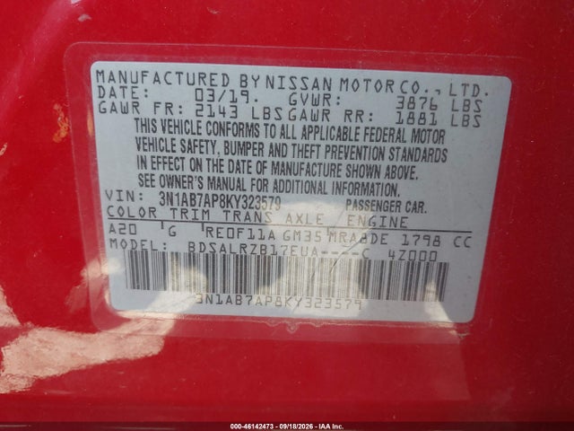 Aukcja sprzedaży 2019 Nissan Sentra Sr, vin: 3N1AB7AP8KY323579, numer aukcji: 46142473
