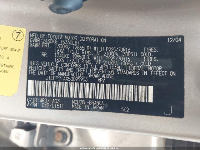 Aukcja sprzedaży 2005 Toyota Highlander V6, vin: JTEEP21AX50095903, numer aukcji: 46142477