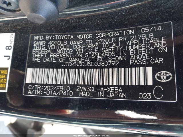 Aukcja sprzedaży 2014 Toyota Prius Three, vin: JTDKN3DU5E0380792, numer aukcji: 46142478