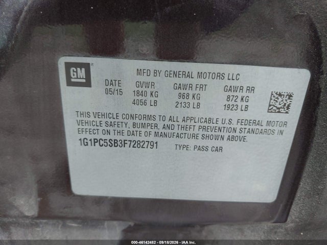 46142482 :رقم المزاد ، 1G1PC5SB3F7282791 vin ، 2015 Chevrolet Cruze 1lt Auto مزاد بيع