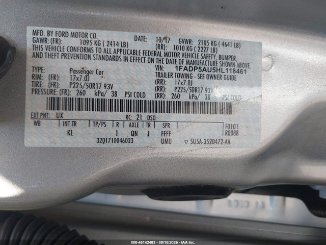 46142483 :رقم المزاد ، 1FADP5AU5HL118461 vin ، 2017 Ford C-max Hybrid Se مزاد بيع