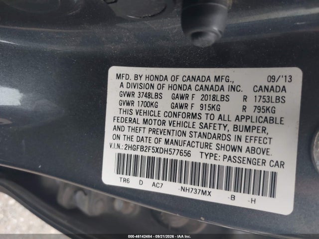 Продаж на аукціоні авто 2013 Honda Civic Lx, vin: 2HGFB2F5XDH577656, номер лоту: 46142484