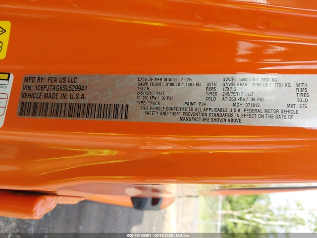 Продажа на аукционе авто 2025 Jeep Gladiator Sport S, vin: 1C6PJTAG6SL529941, номер лота: 46142491