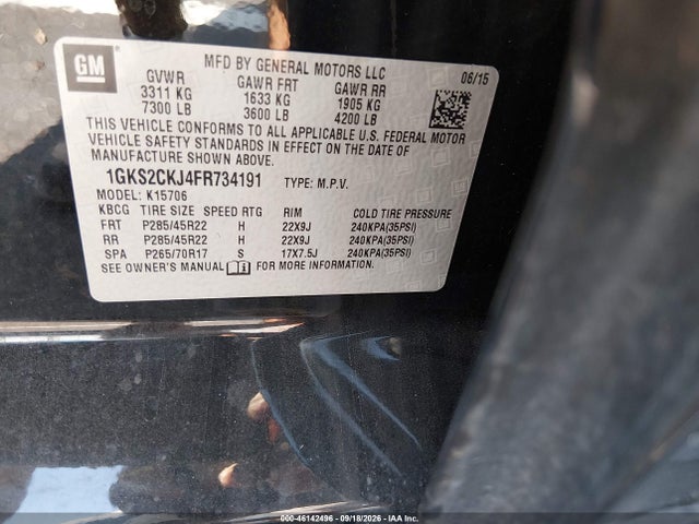 46142496 :رقم المزاد ، 1GKS2CKJ4FR734191 vin ، 2015 Gmc Yukon Denali مزاد بيع