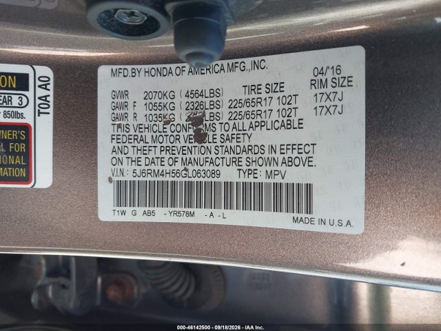 Aukcja sprzedaży 2016 Honda Cr-v Ex, vin: 5J6RM4H56GL063089, numer aukcji: 46142500