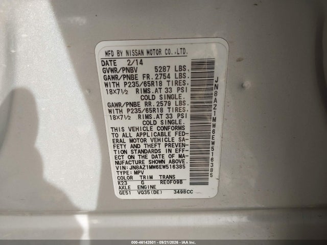 Продажа на аукционе авто 2014 Nissan Murano Sl, vin: JN8AZ1MW6EW516385, номер лота: 46142501