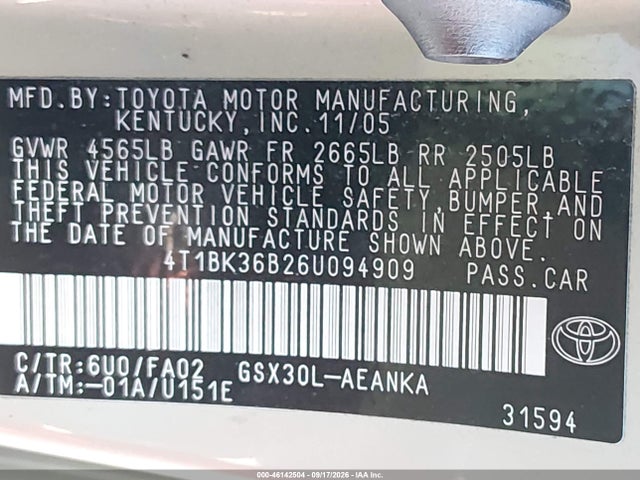 46142504 :رقم المزاد ، 4T1BK36B26U094909 vin ، 2006 Toyota Avalon Xl مزاد بيع