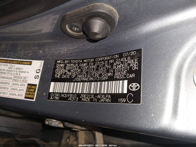 Aukcja sprzedaży 2021 Toyota Corolla Le, vin: JTDEPMAE9MJ131589, numer aukcji: 46142531