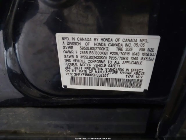46142533 :رقم المزاد ، 2HKYF18665H558297 vin ، 2005 Honda Pilot Ex-l مزاد بيع