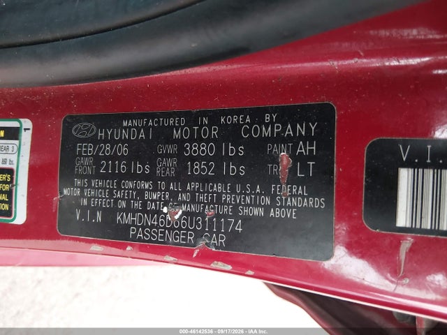 46142536 :رقم المزاد ، KMHDN46D66U311174 vin ، 2006 Hyundai Elantra Gls/limited مزاد بيع