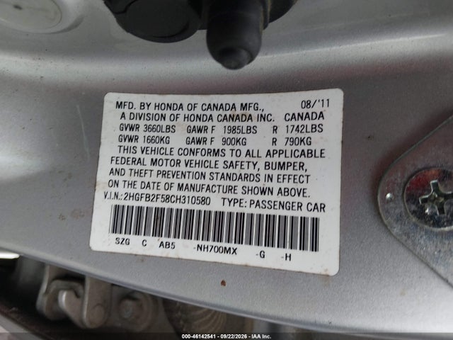 2012 Honda Civic Lx მანქანა იყიდება აუქციონზე, vin: 2HGFB2F58CH310580, აუქციონის ნომერი: 46142541