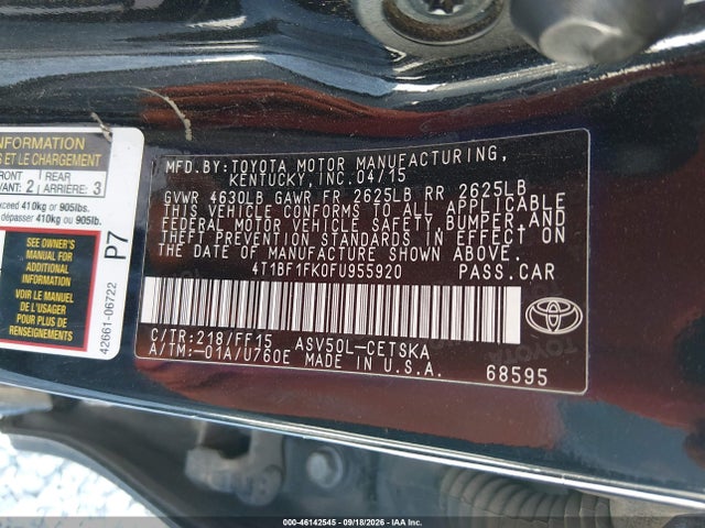 2015 Toyota Camry Se მანქანა იყიდება აუქციონზე, vin: 4T1BF1FK0FU955920, აუქციონის ნომერი: 46142545