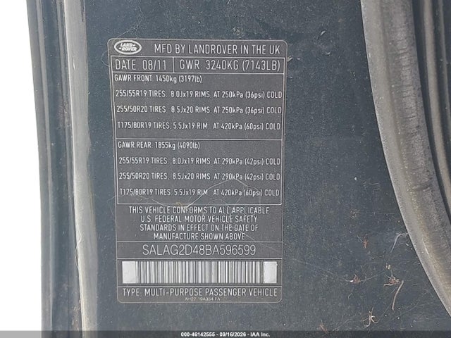 2011 Land Rover Lr4 მანქანა იყიდება აუქციონზე, vin: SALAG2D48BA596599, აუქციონის ნომერი: 46142555