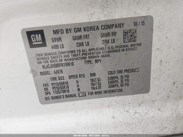 Aukcja sprzedaży 2015 Buick Encore Premium, vin: KL4CJHSB9FB199810, numer aukcji: 46142594