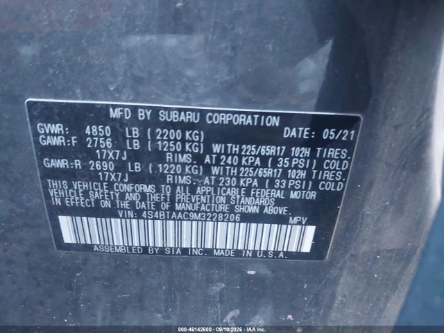 2021 Subaru Outback მანქანა იყიდება აუქციონზე, vin: 4S4BTAAC9M3228206, აუქციონის ნომერი: 46142600