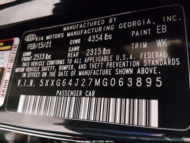 Продаж на аукціоні авто 2021 Kia K5 Gt-line, vin: 5XXG64J27MG063895, номер лоту: 46142604