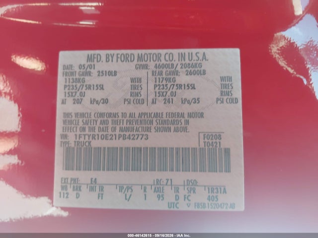 Продаж на аукціоні авто 2001 Ford Ranger Edge, vin: 1FTYR10E21PB42773, номер лоту: 46142615