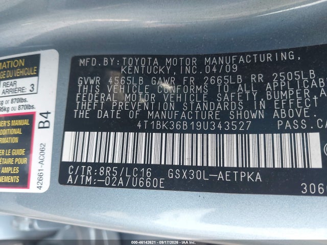 Продажа на аукционе авто 2009 Toyota Avalon Limited, vin: 4T1BK36B19U343527, номер лота: 46142621