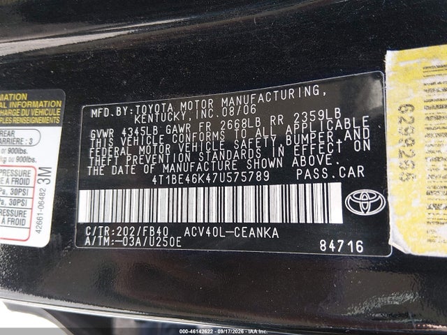 Продаж на аукціоні авто 2007 Toyota Camry Le, vin: 4T1BE46K47U575789, номер лоту: 46142622
