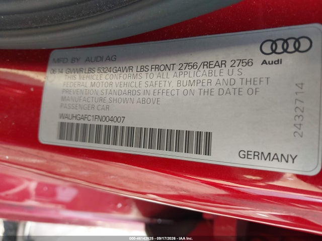 2015 Audi A6 3.0t Premium Plus მანქანა იყიდება აუქციონზე, vin: WAUHGAFC1FN004007, აუქციონის ნომერი: 46142625