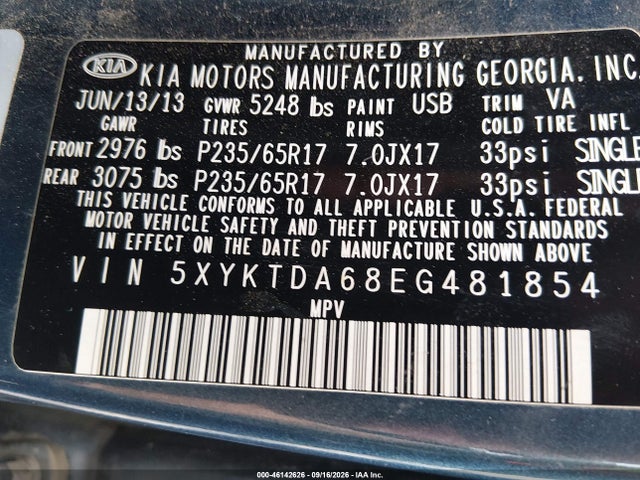 46142626 :رقم المزاد ، 5XYKTDA68EG481854 vin ، 2014 Kia Sorento Lx مزاد بيع