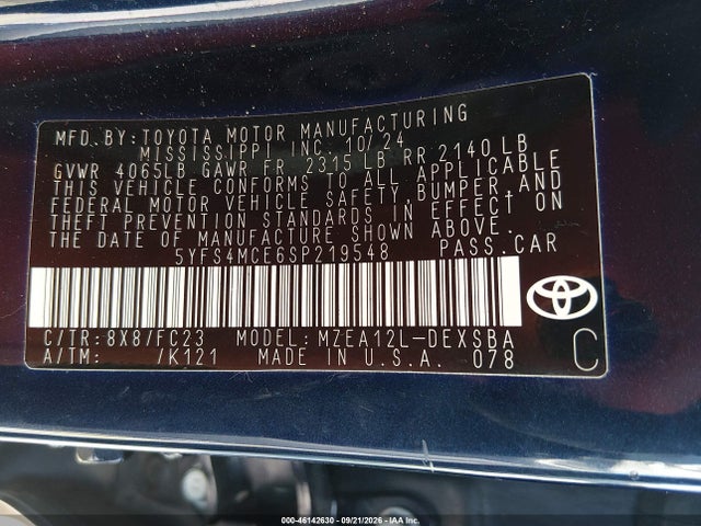 2025 Toyota Corolla Se მანქანა იყიდება აუქციონზე, vin: 5YFS4MCE6SP219548, აუქციონის ნომერი: 46142630