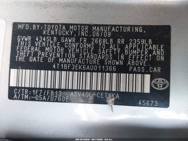 Aukcja sprzedaży 2010 Toyota Camry, vin: 4T1BF3EK6AU011366, numer aukcji: 46142649