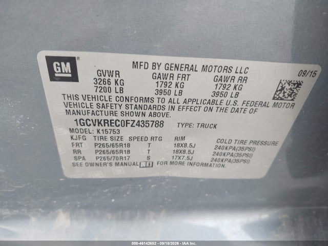 Aukcja sprzedaży 2015 Chevrolet Silverado 1500 2lt, vin: 1GCVKREC0FZ435788, numer aukcji: 46142652