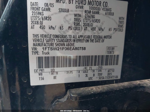 Aukcja sprzedaży 2006 Ford F-250 Lariat/xl/xlt, vin: 1FTSW21P36EA80758, numer aukcji: 46142655