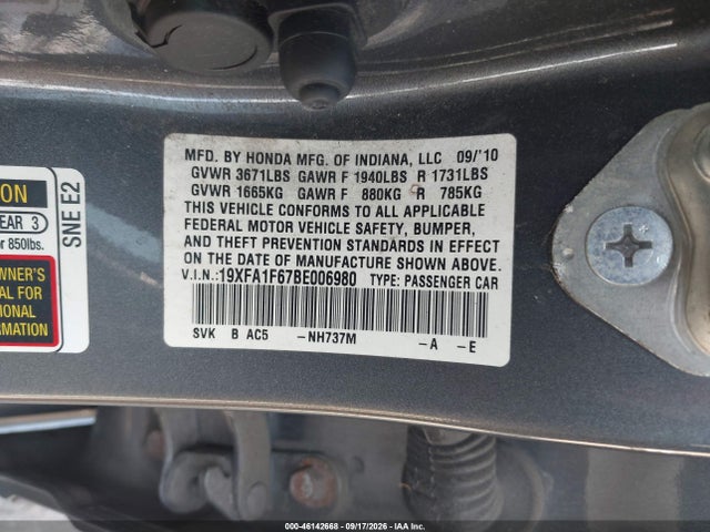 46142668 :رقم المزاد ، 19XFA1F67BE006980 vin ، 2011 Honda Civic Lx-s مزاد بيع