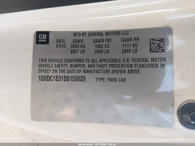 46142683 :رقم المزاد ، 1G6DC1E31D0150029 vin ، 2013 Cadillac Cts Standard مزاد بيع