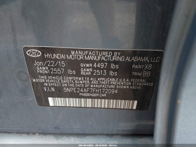 2015 Hyundai Sonata Se მანქანა იყიდება აუქციონზე, vin: 5NPE24AF7FH172094, აუქციონის ნომერი: 46142684
