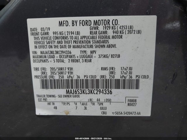 Продажа на аукционе авто 2019 Ford Ecosport Titanium, vin: MAJ6S3KL3KC294336, номер лота: 46142686