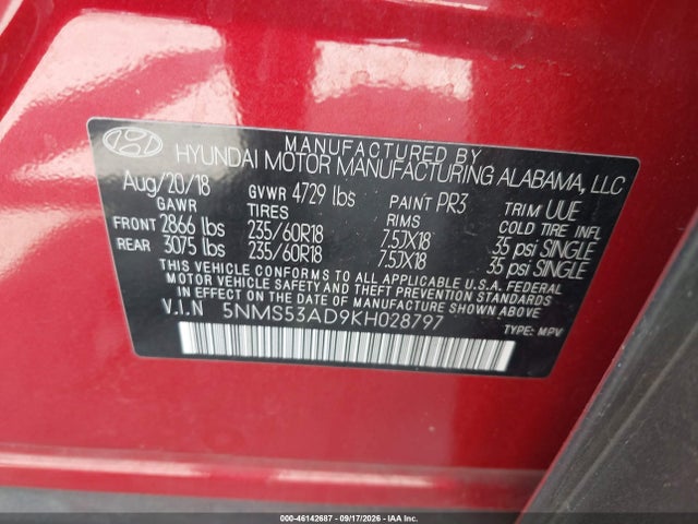 Продаж на аукціоні авто 2019 Hyundai Santa Fe Limited, vin: 5NMS53AD9KH028797, номер лоту: 46142687