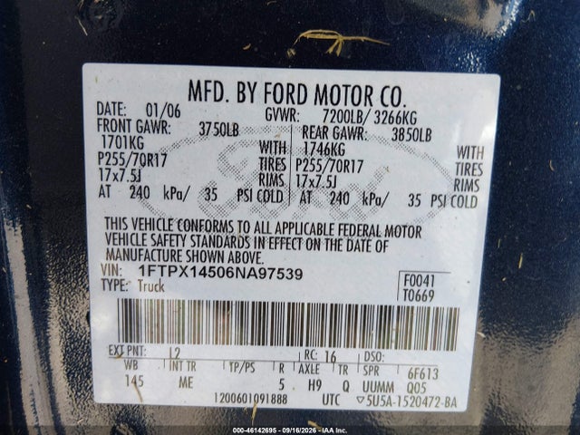 Aukcja sprzedaży 2006 Ford F-150 Fx4/lariat/xl/xlt, vin: 1FTPX14506NA97539, numer aukcji: 46142695