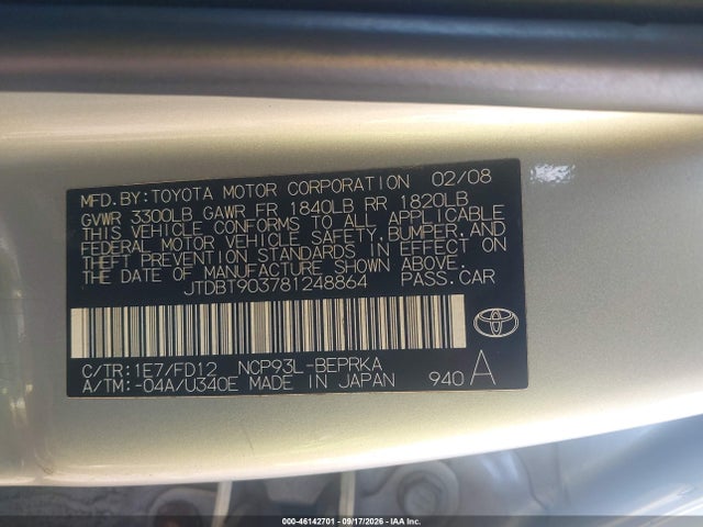 Продаж на аукціоні авто 2008 Toyota Yaris, vin: JTDBT903781248864, номер лоту: 46142701