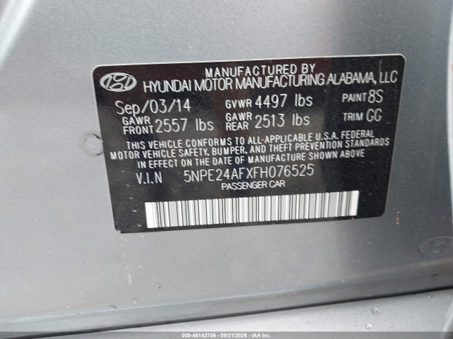 2015 Hyundai Sonata Se მანქანა იყიდება აუქციონზე, vin: 5NPE24AFXFH076525, აუქციონის ნომერი: 46142706