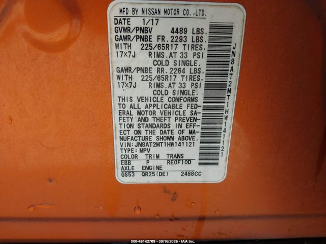 2017 Nissan Rogue Sv მანქანა იყიდება აუქციონზე, vin: JN8AT2MT1HW141121, აუქციონის ნომერი: 46142709